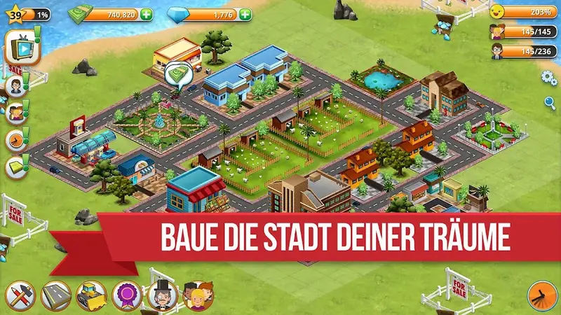 Spielszene aus Dorfstadt - Insel-Sim: Häuser, Straßen und Parks auf einer Insel