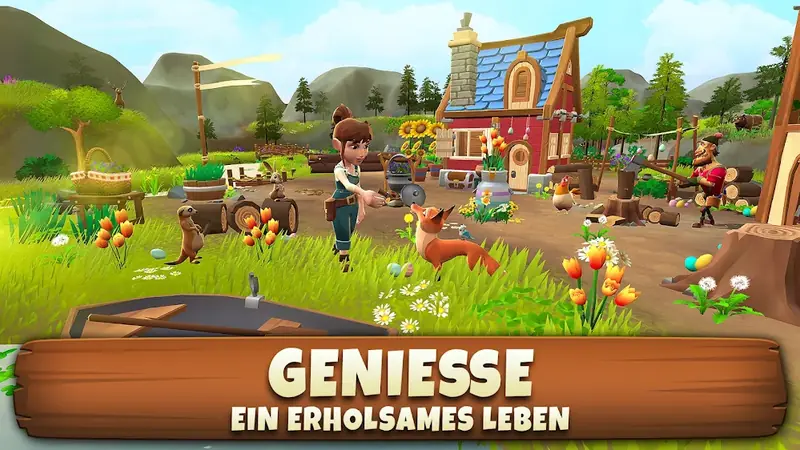 Spielszene aus Sunrise Village Abenteuerspiel mit Dorfplatz und Bewohnern