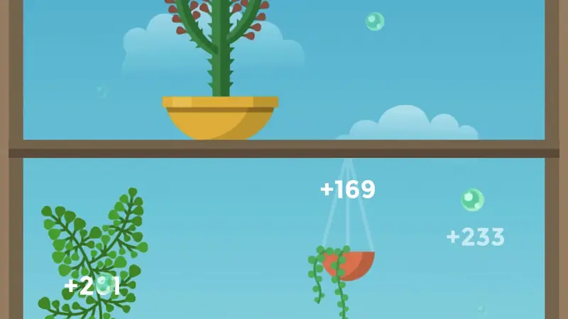 Spielszene aus Terrarium: Garden Idle mit Zimmerpflanzen auf Holzregalen
