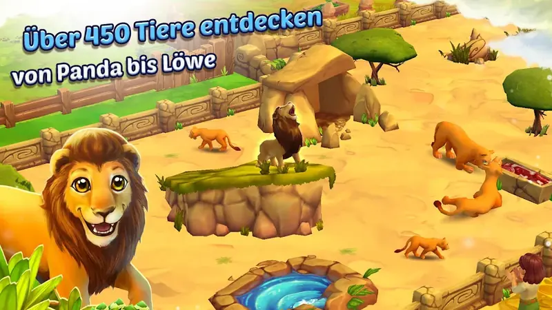 Spielszene aus Zoo 2: Animal Park mit Löwengehege und Besucherwegen